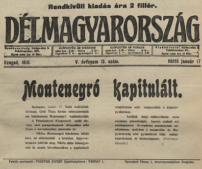 Rendkvli kiads Montenegr megadsrl (Dlmagyarorszg, 1916. janur 17.)